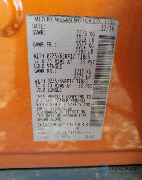 2017 Nissan Rogue Sv from USA, damaged, VIN 5N1AT2MNXHC761833